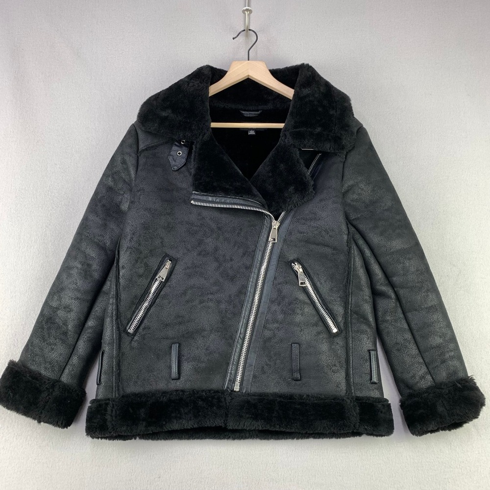 Philomena Petti Faux Shearling Moto Jacket Womens Small Black Aviator Biker Coat
